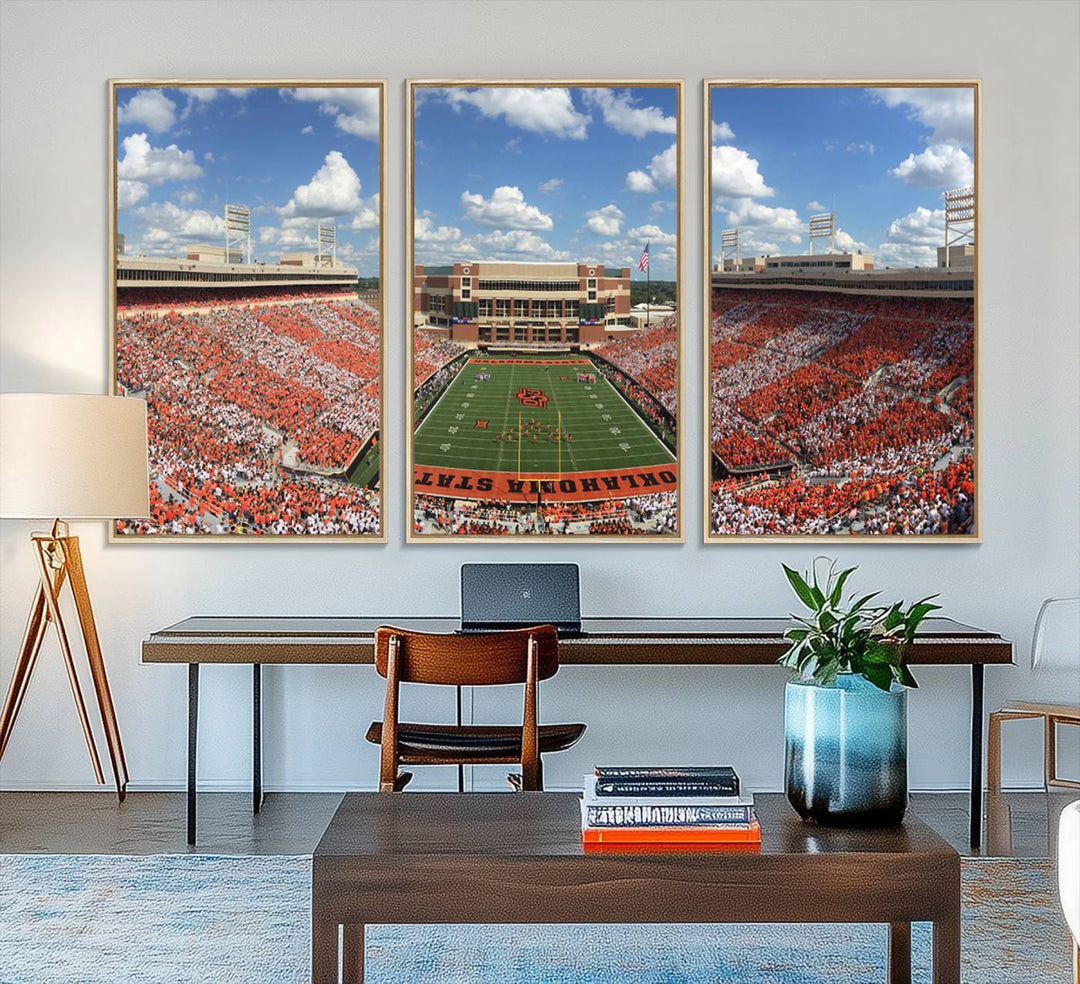 Boone Pickens Stadium was adorned with vibrant murals of Cowboys under a bright blue, cloud-speckled sky.