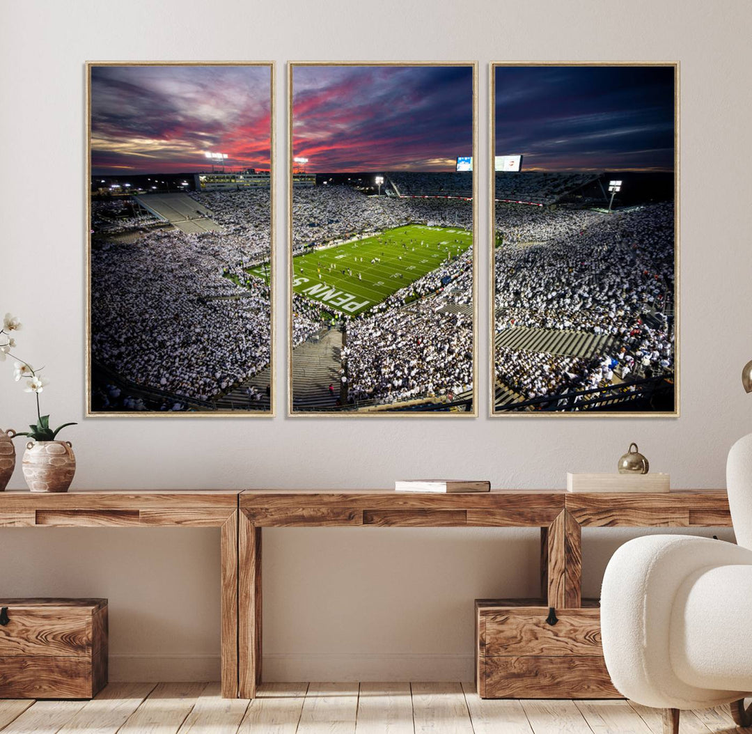 A sunset print on a canvas wall art piece captures the scene of white-clad fans at Beaver Stadium for the Nittany Lions game.