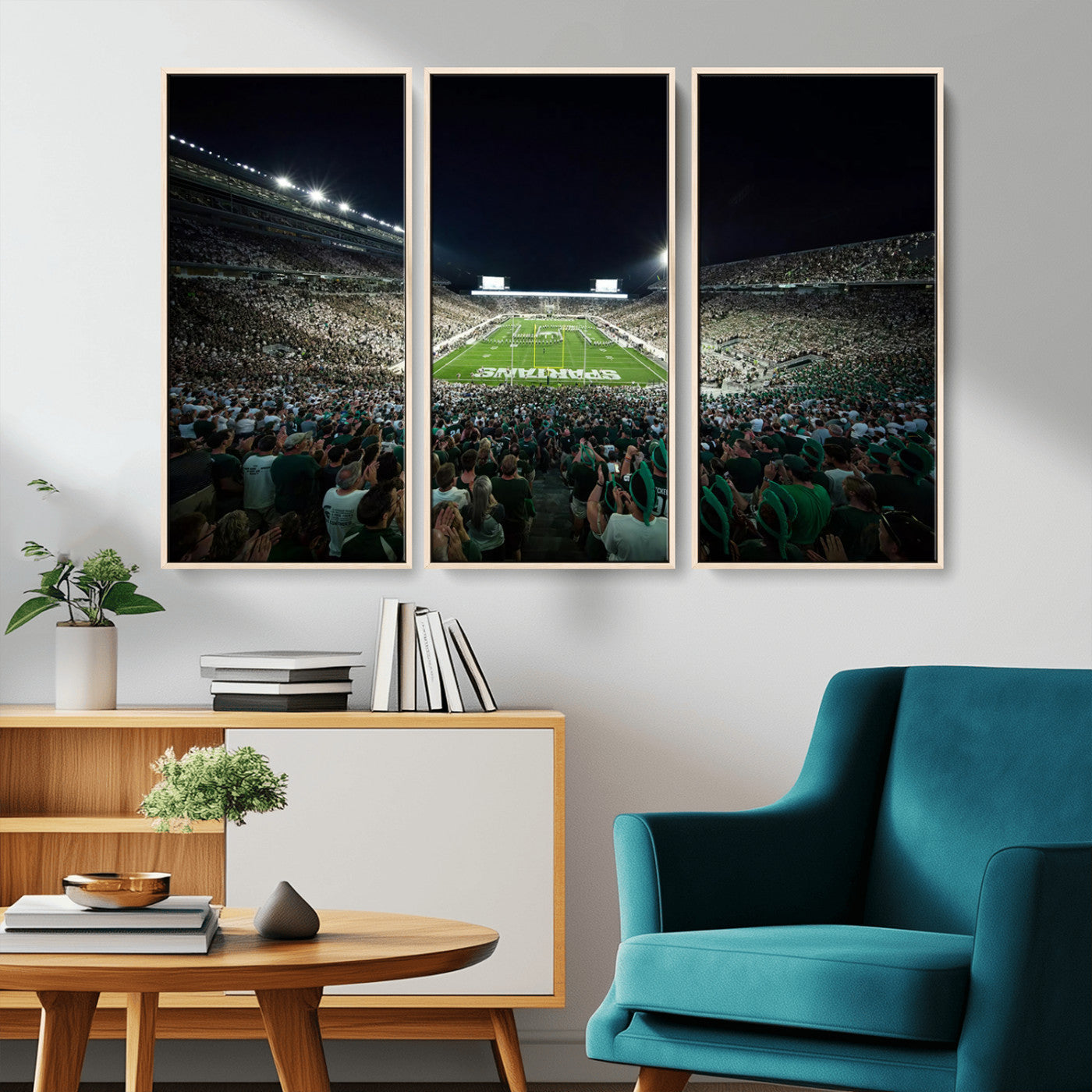 MGV-FC-48X32-3P - Framed Michigan State Spartans Football Team Print - East Lansing Spartan Stadium Wall Art Canvas