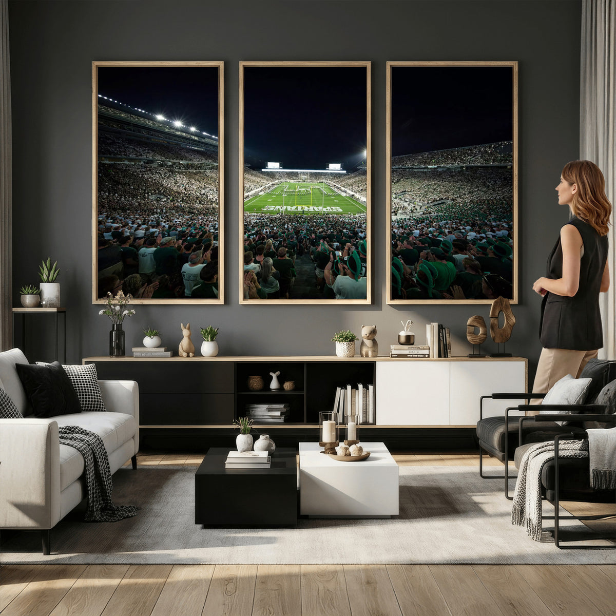 57523-PAN-FL-20X10 - Framed Michigan State Spartans Football Team Print - East Lansing Spartan Stadium Wall Art Canvas