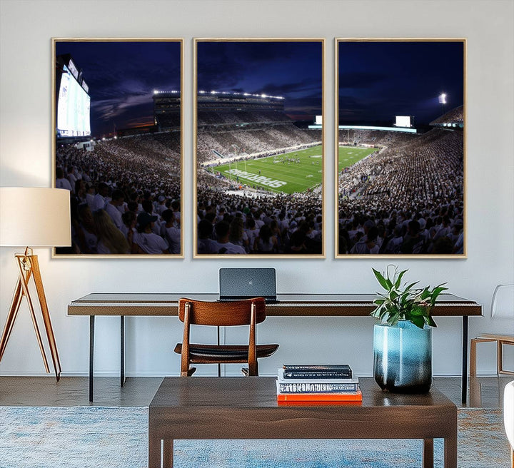 A packed football stadium at night, with bright lights and fans in white, depicted in a Michigan State Spartans Stadium wall art.