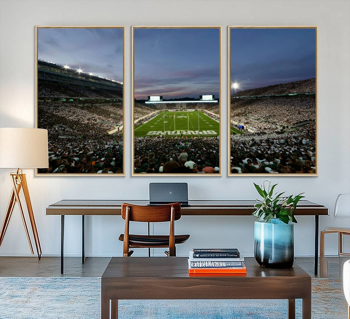 Wall art featuring a stadium at dusk with full stands—ideal for the Michigan State Spartans Football Team Canvas Print.