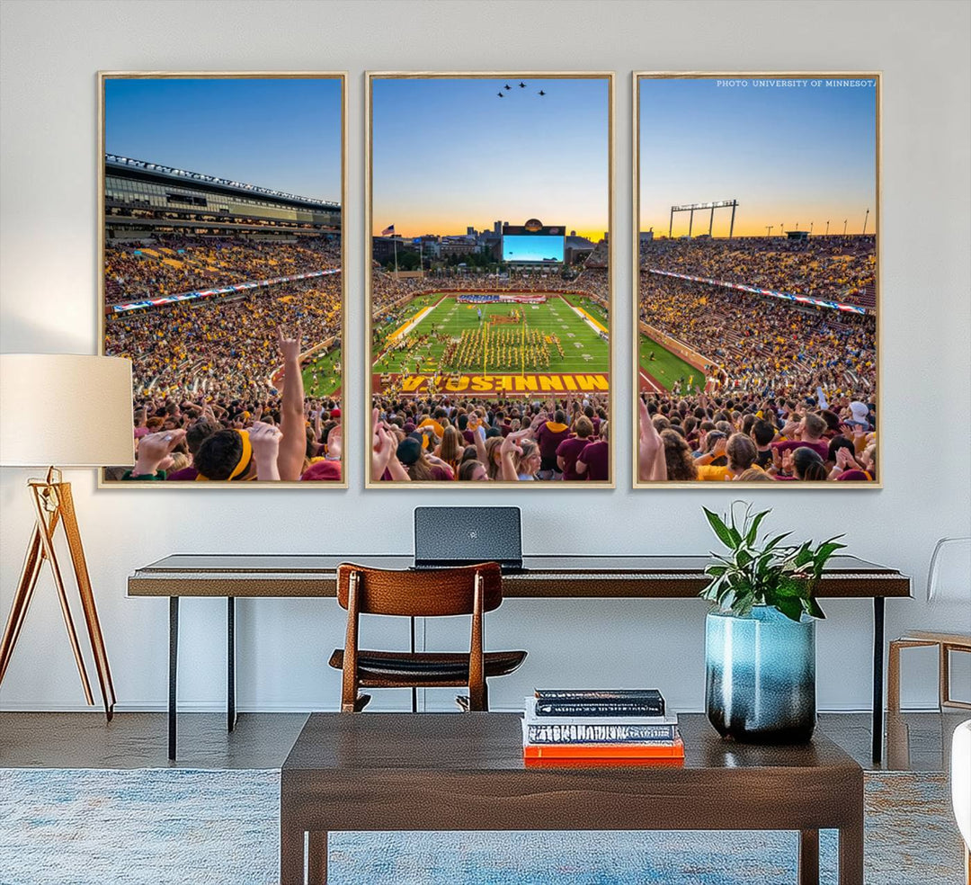 The University of Minnesota Golden Gophers Football Team Print, capturing a sunset scene, is ideal for gallery-quality wall art.