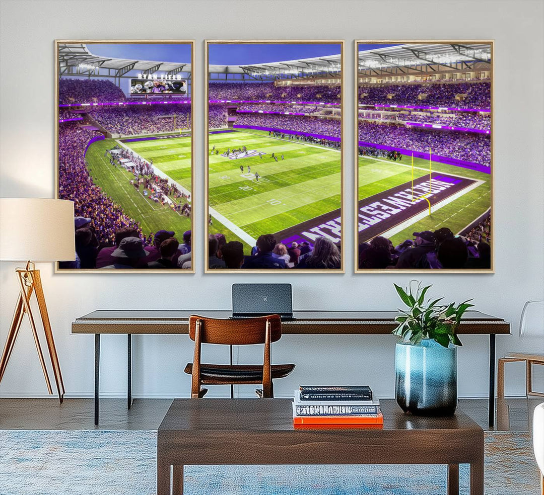 In the foreground, Northwestern Wildcats art adds vibrant energy to the scene.