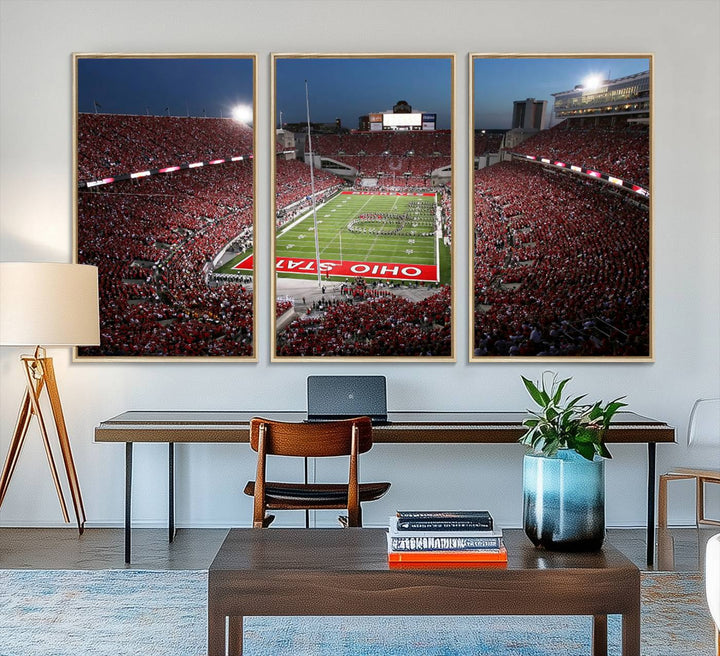 Premium gallery-quality canvas wall art featuring an aerial view of a packed Ohio State stadium at dusk, highlighting the Buckeyes.