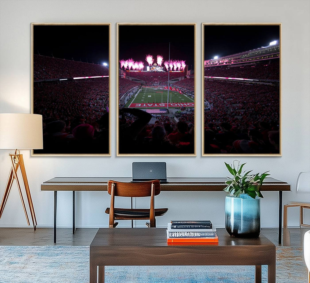 Premium canvas wall art featuring Ohio State University Buckeyes football stadium and fireworks.