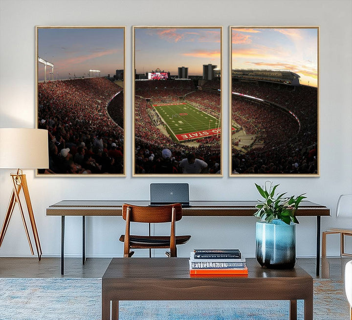 The canvas wall art captures a stunning stadium view of a sunset over Ohio State University Buckeyes football fans.