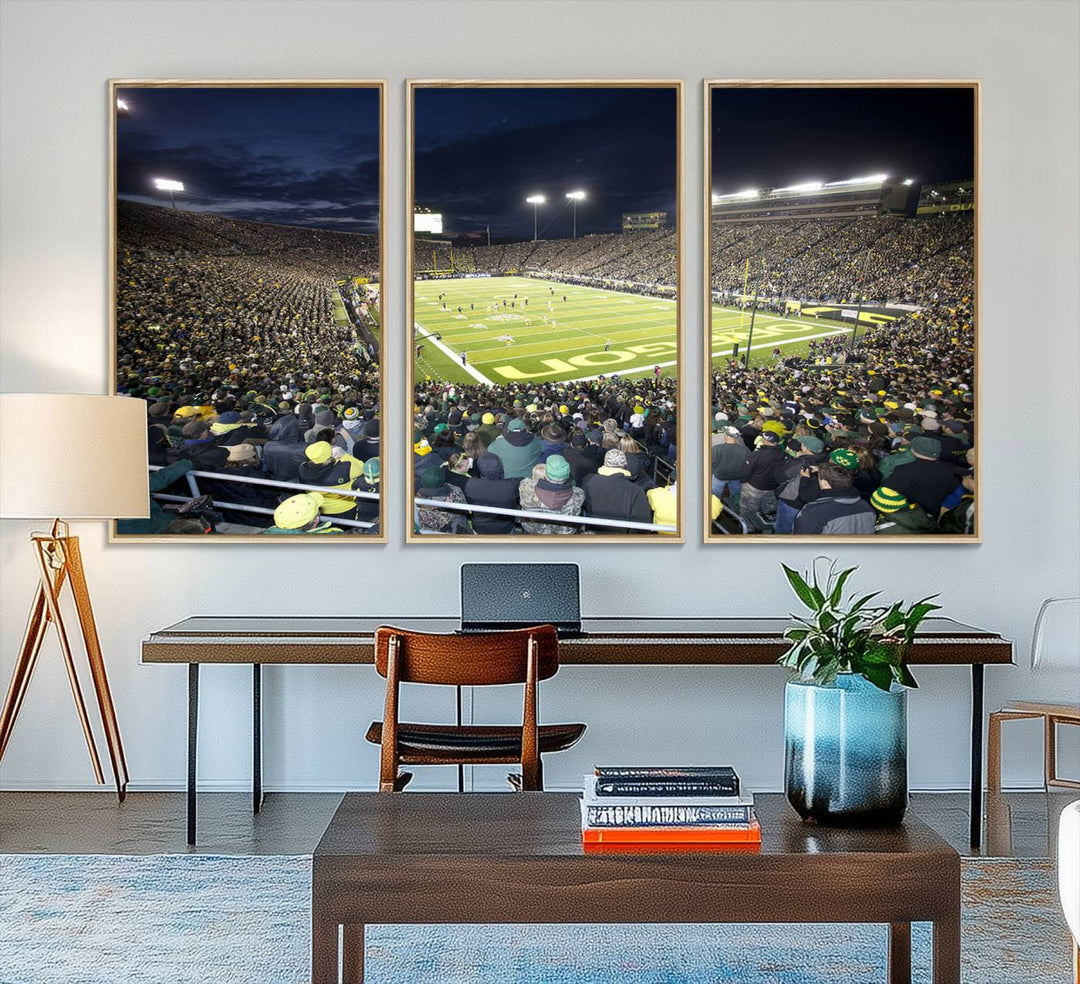 Under bright lights, a University of Oregon Ducks Canvas Print captures the excitement of fans packing Autzen Stadium for a night football game.