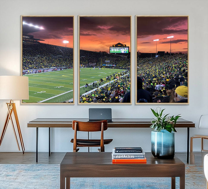 This stunning wall art print captures a vibrant sunset at Eugene Autzen Stadium.