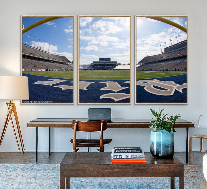 Fish-eye view of an empty stadium, ideal wall art on premium canvas: Rice University Owls Football Team Print.