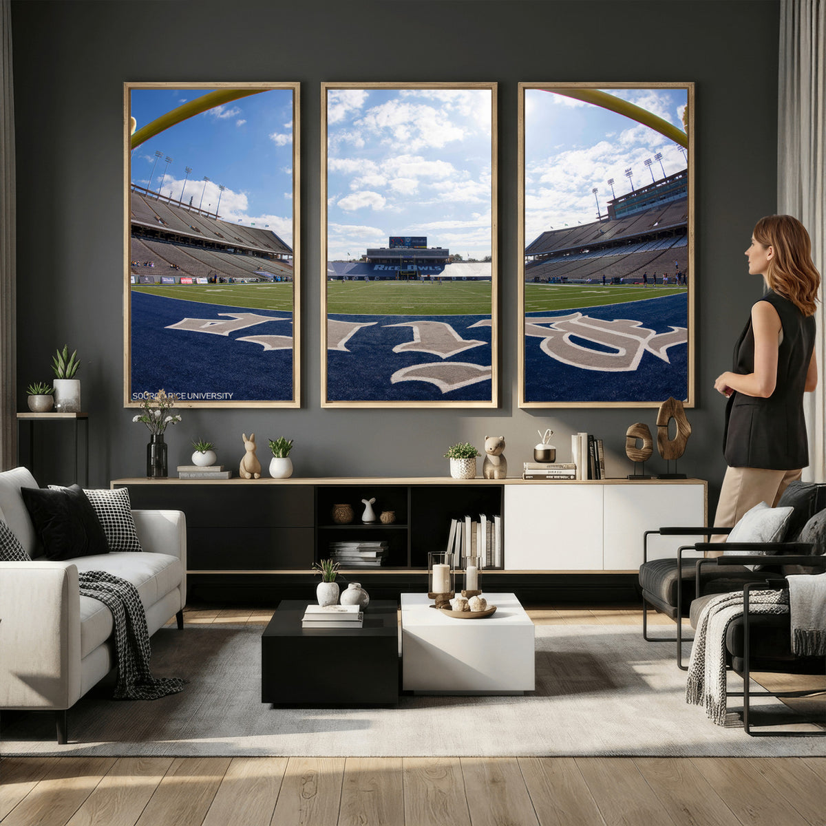 50267-MGV-CV-36X24 - Rice University Owls Football Team Print, Houston Rice Stadium, Framed and Ready to Hang