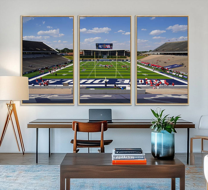 Rice Stadium print: This artwork features a football field with empty stands and a gallery-quality finish under a clear blue sky.