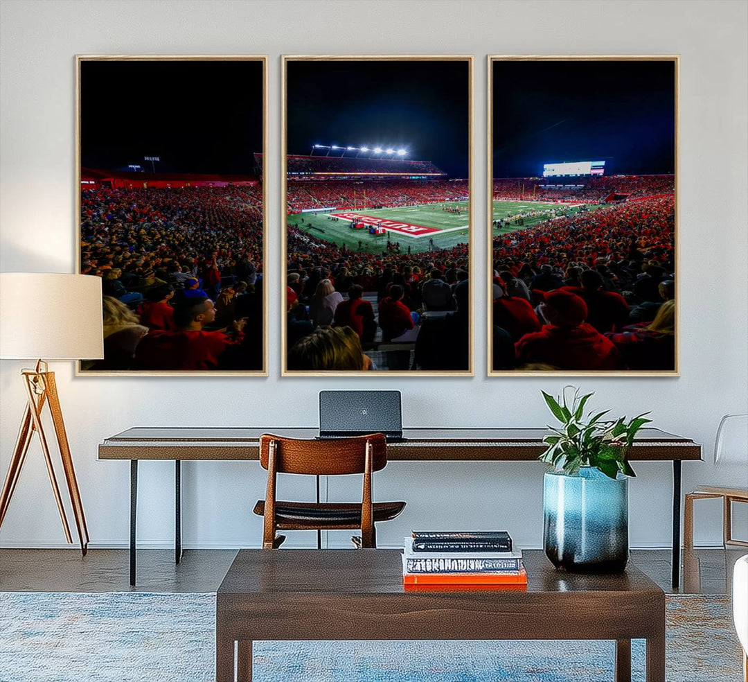 A premium canvas wall art print depicting Rutgers Scarlet Knights SHI Stadium filled with fans under vibrant lights.