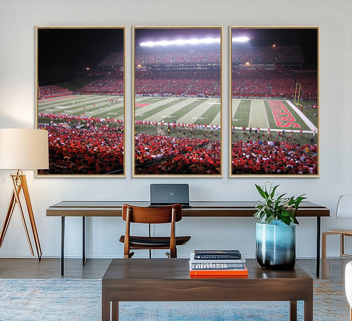 A bustling night game at SHI Stadium is captured as Rutgers Scarlet Knights wall art on a gallery-quality canvas print.