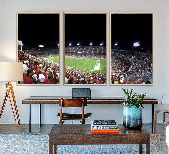 This Stanford University Cardinal Football Team canvas print, depicting fans in red filling Stanford Stadium at night, is perfect.