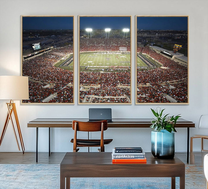 Canvas wall art featuring an aerial view of the Texas Tech Red Raiders packed night game at Lubbock’s Jones AT&T Stadium.