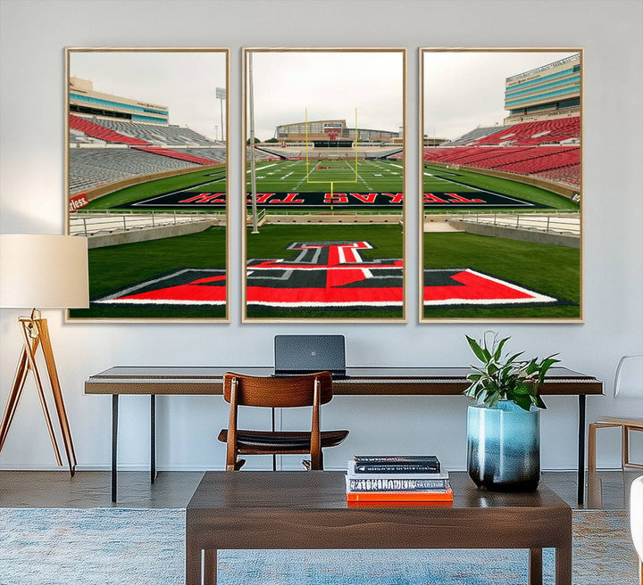 Gallery-quality print of Lubbock Jones AT&T Stadium featuring the Texas Tech Red Raiders field, highlighted by red and gray bleachers.