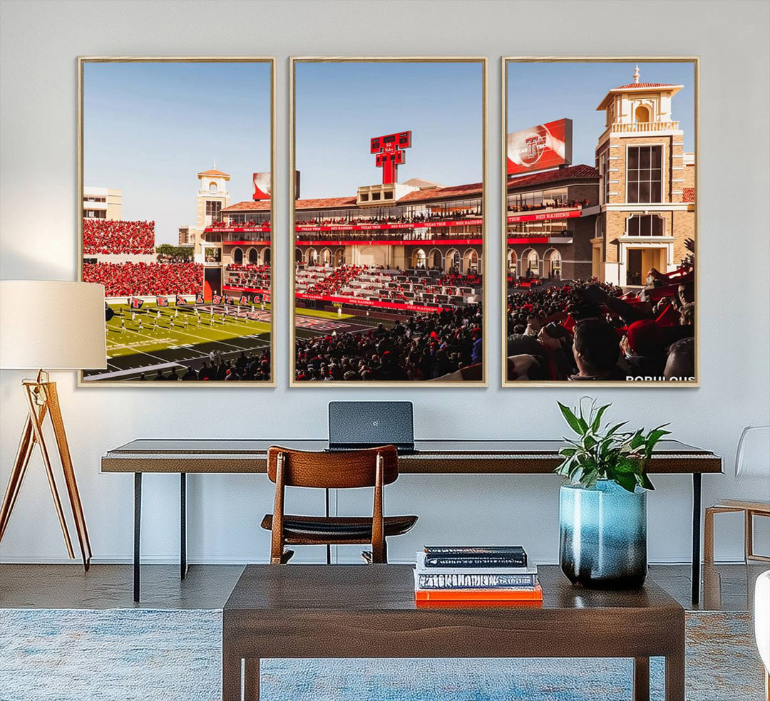 The three-panel Jones AT&T Stadium wall art is ideal for enhancing the living room decor of college football fans.