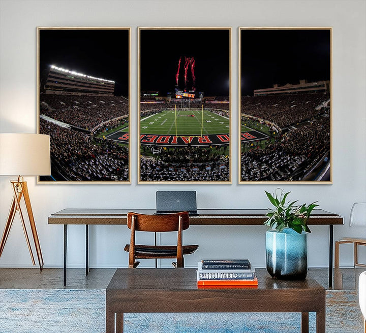 The wall features a Texas Tech Red Raiders Football Team Print on canvas, showcasing fireworks over a packed stadium at night.