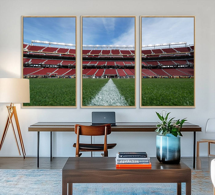 A canvas print of the University of Tulsa Golden Hurricane showcases H.A. Chapman Stadiums football field and red seats against a backdrop of a blue sky.