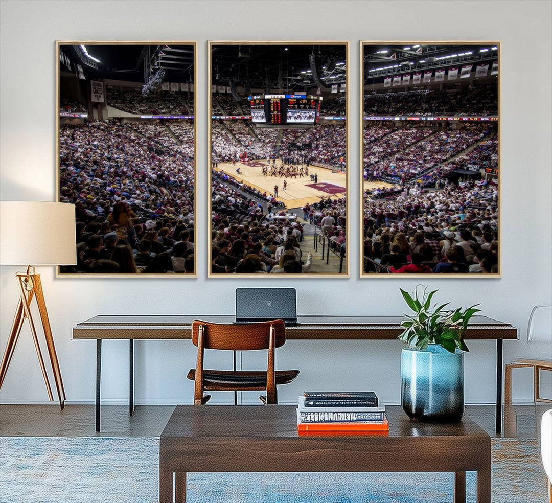 The Nebraska Basketball Arena Wall Art Canvas features an arena filled with Cornhuskers fans and players beneath a scoreboard.