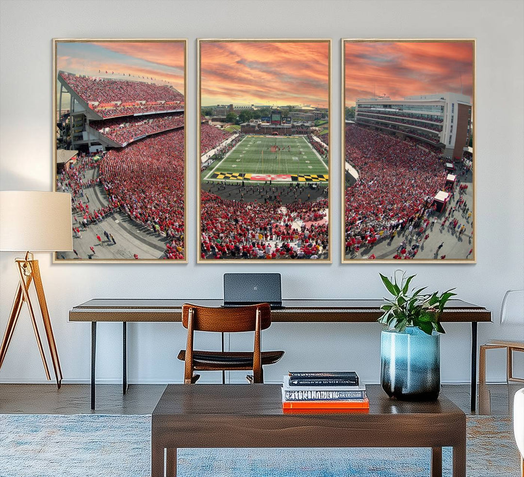 A packed SECU Stadium at sunset, ideal for your University of Maryland Terrapins Football Team wall art canvas print.