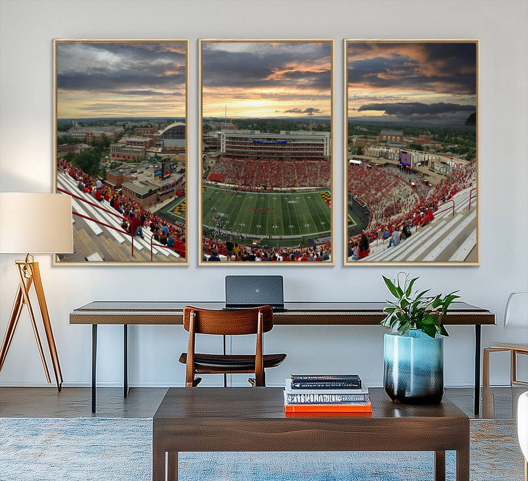 The University of Maryland Terrapins Football Team Print features SECU Stadium at sunset with vibrant skies.