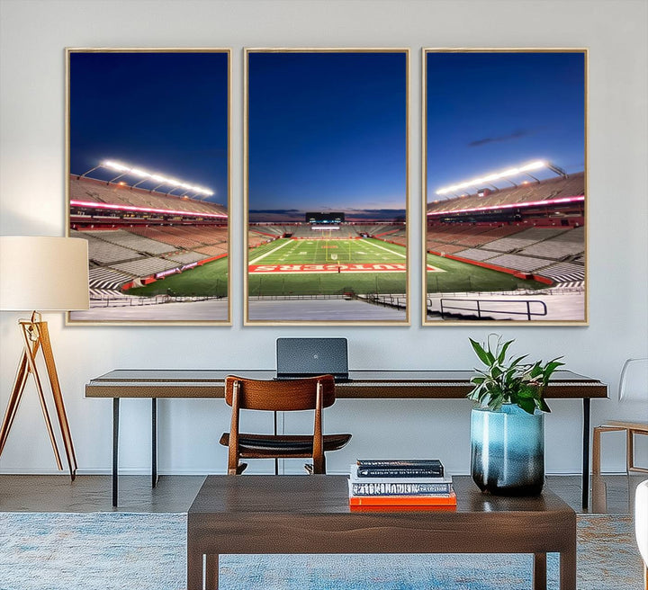 A large SHI Stadium at dusk, ideal for a Rutgers Scarlet Knights Football Team canvas print.