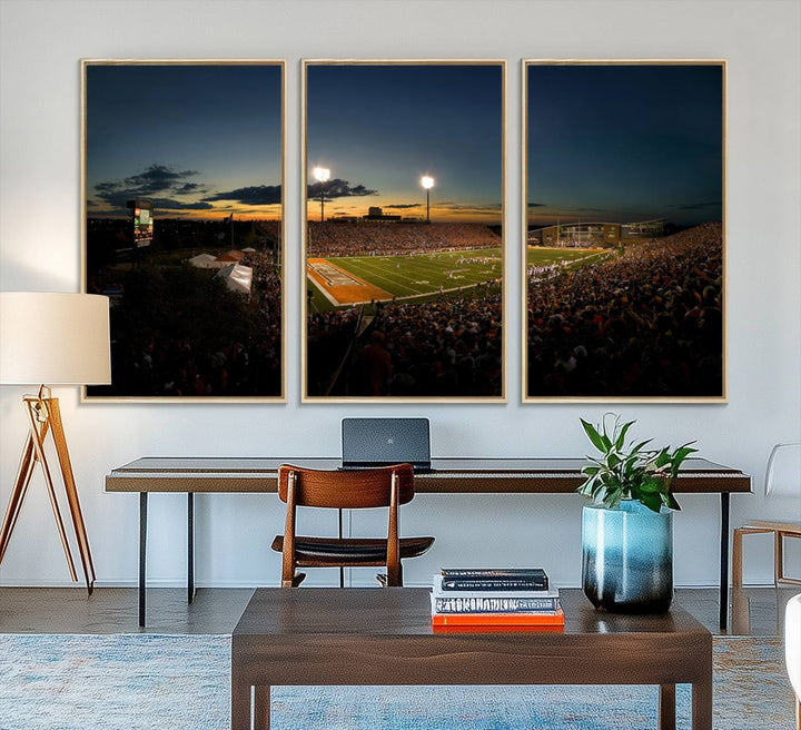 Ball State Cardinals Football Team Print - Muncie Scheumann Stadium Canvas featuring a sunset, floodlights, and lively crowd.