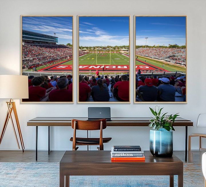 The Ball State Cardinals wall art on canvas depicts fans in red at Scheumann Stadium.