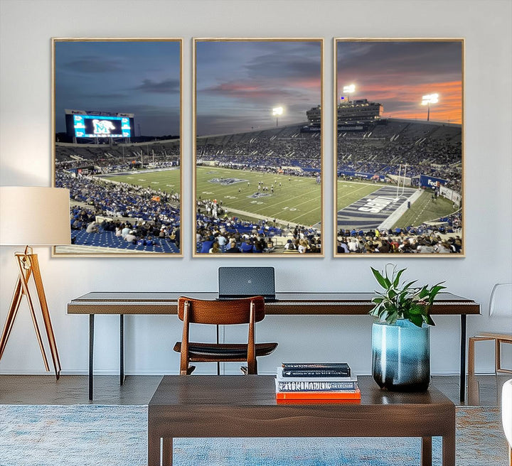 A Memphis Tigers football canvas print of Simmons Bank Liberty Stadium at sunset enhances the living room.