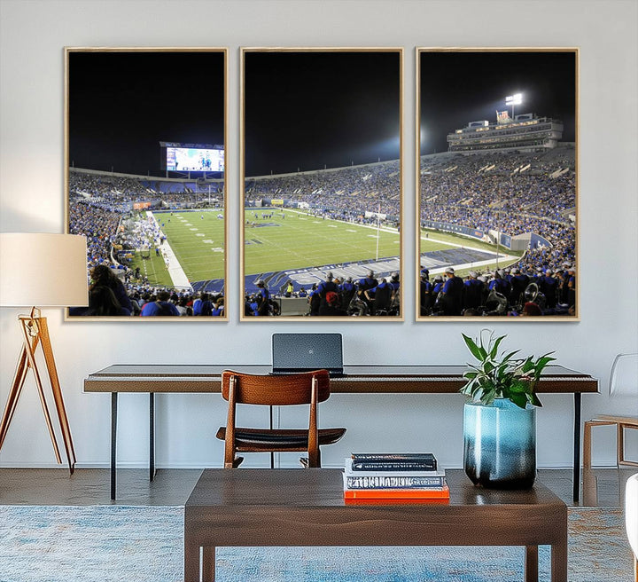 A vibrant depiction of Liberty Stadium at night, highlighting a Tigers football game on the large screen with stands filled with enthusiastic fans.