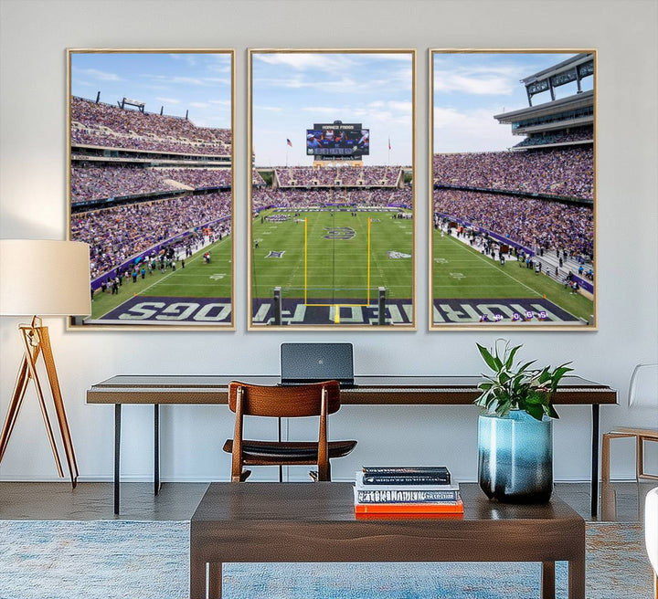 The TCU Horned Frogs print portrays a vibrant Amon G. Carter Stadium, filled with energy and game action.