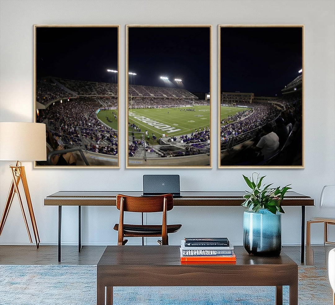 The wall art print features a night view of Amon G. Carter Stadium filled with TCU fans, showcased in the Horned Frogs Football Canvas Wall Art.