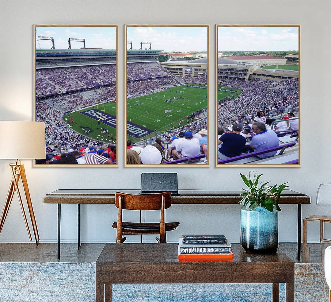 Amon G. Carter Stadium wall art canvas showcasing the TCU Horned Frogs and packed stands at Fort Worth.