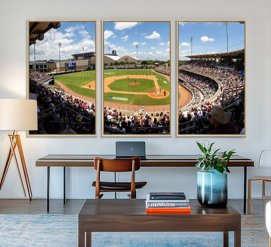 A baseball stadium under a blue sky, capturing the energy of The Texas A&M Aggies Athletics Kyle Field Wall Art.