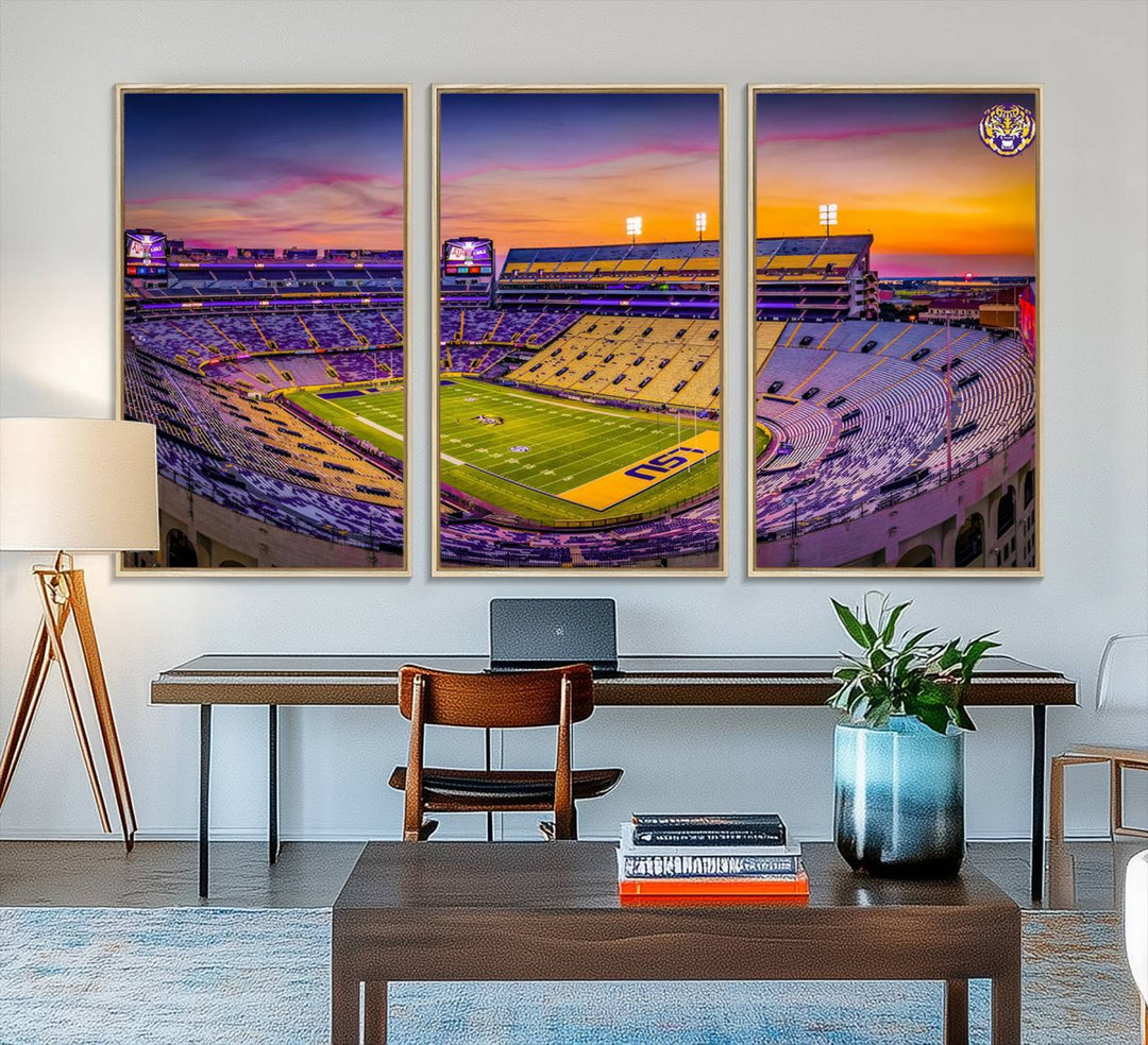 A canvas print of Tiger Stadium at sunset, depicting an empty field and stands, adorns the wall.