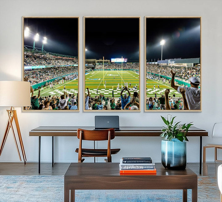 This vibrant wall art canvas print captures the excitement of fans cheering for the Tulane Green Wave Football Team under the lights of Yulman Stadium.