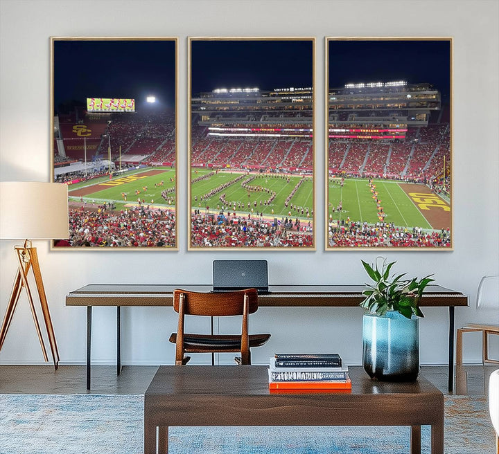 Canvas print depicting a packed stadium at night with a marching band forming USC, celebrating the Trojans at Los Angeles Memorial Coliseum.