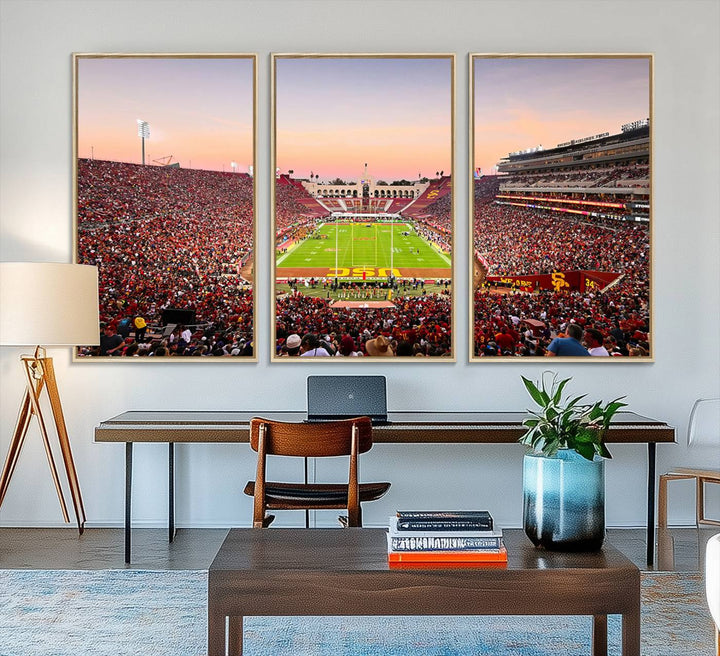 A USC Trojans wall art canvas print highlights the scene, depicting the Coliseum Stadium at sunset.