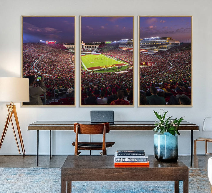 The vibrant wall art canvas print captures the USC Trojans playing under lights at dusk in LA Memorial Coliseum.