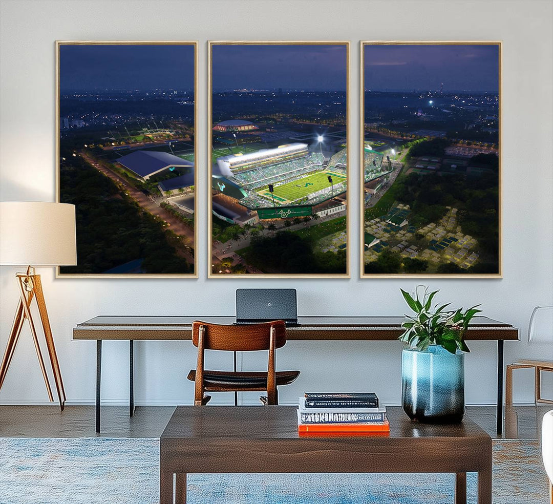 The USF Bulls Football Team Wall Art Canvas Print showcases the Tampa USF Football Stadium at night with city lights.