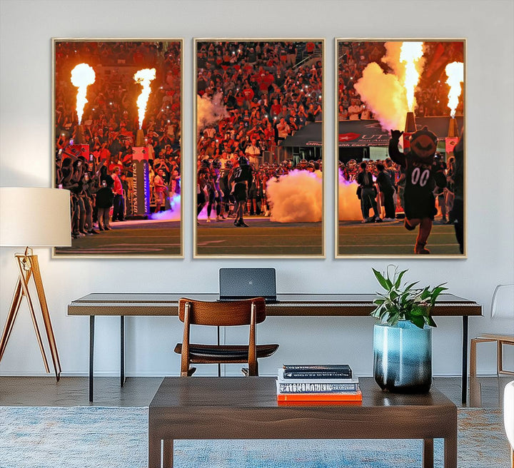 This canvas print captures the UTSA Roadrunners storming the Alamodome under smoke and fire.