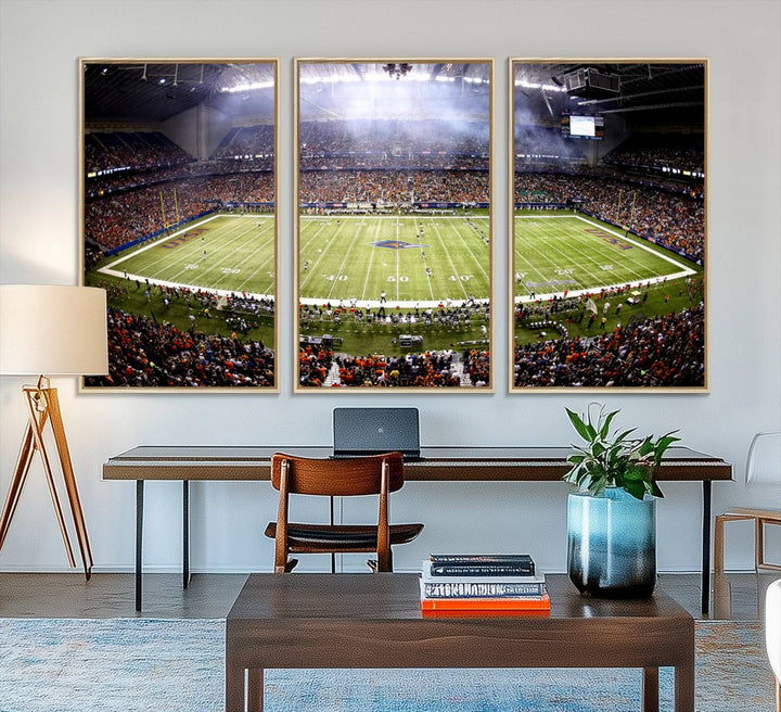 The modern living room features an Alamodome wall art canvas print, depicting a stadium filled with spectators for a UTSA Roadrunners game.