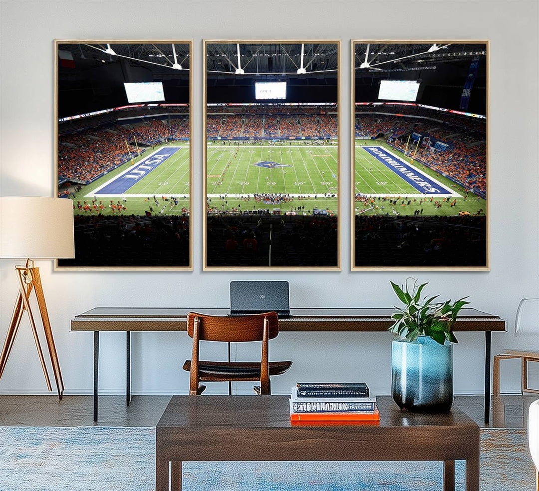 The UTSA Roadrunners game at Alamodome canvas print captures the scene from above, displaying fans and the UTSA lettering on the field.