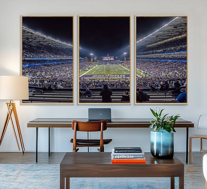 A canvas print titled The University of Washington Huskies Football depicts a packed Husky Stadium at night, as seen from the stands.