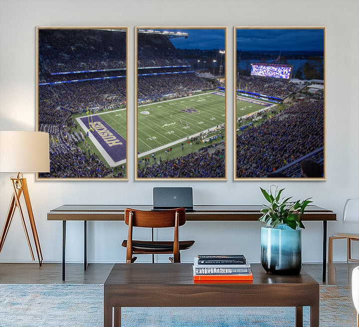 The University of Washington Huskies Football Team Print: Seattle Husky Stadium Wall Art Canvas captures a dusk stadium view.