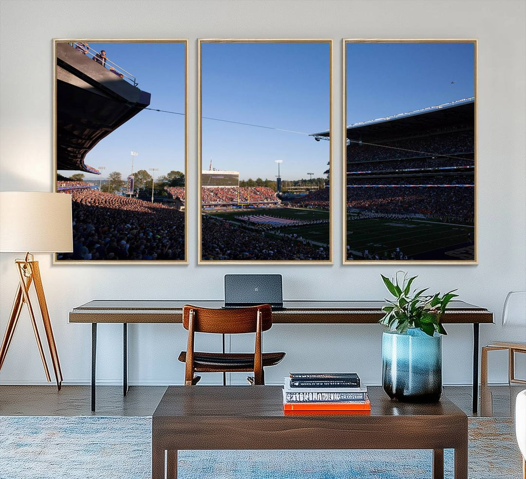 The University of Washington Huskies wall art print depicts Husky Stadium coming alive with fans as flags flutter.