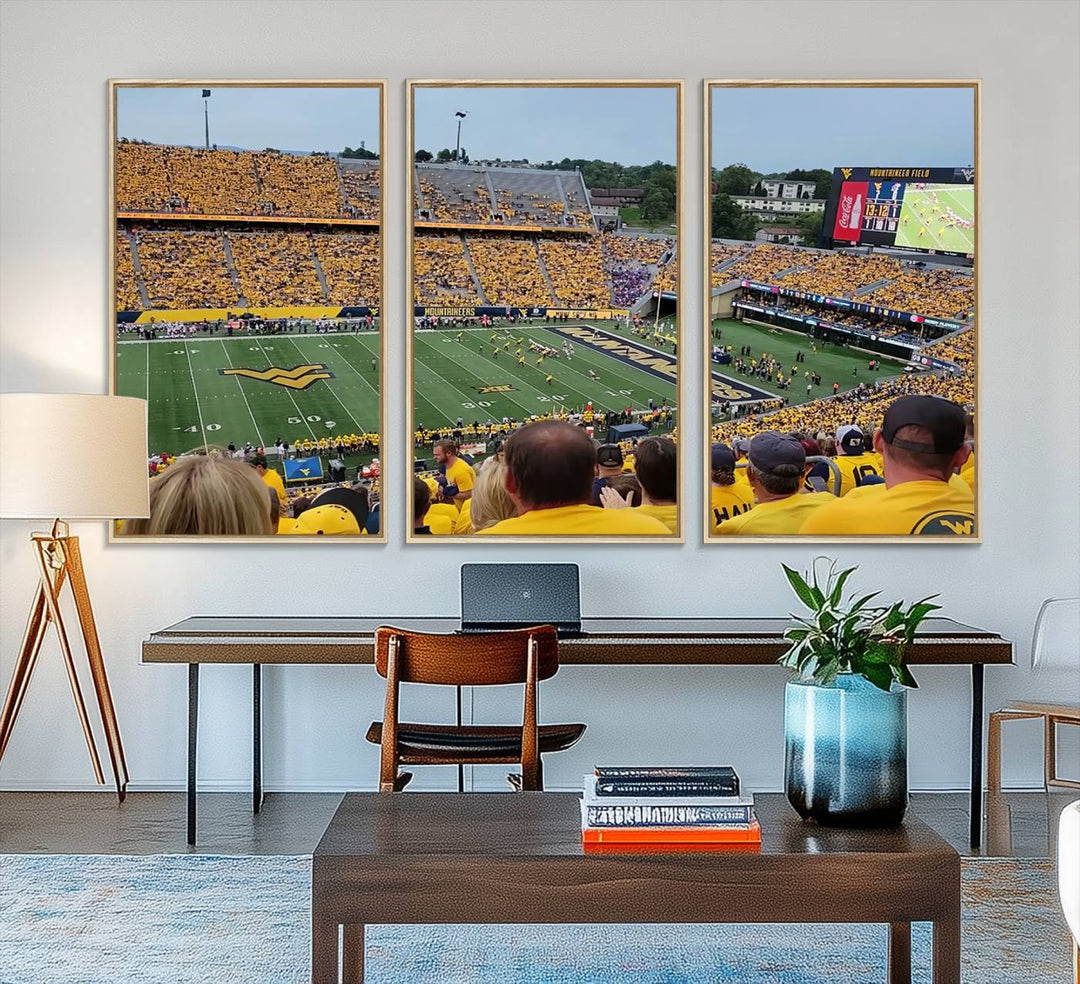 A Puskar Stadium canvas print decorates the modern living room shelf.