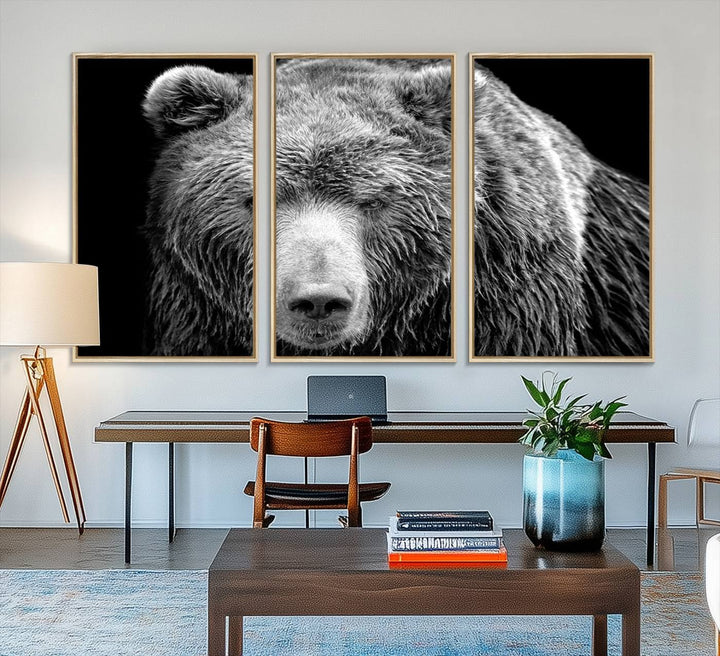 The 399 Grizzly Bear Canvas Print is displayed prominently on a wall in a modern living room.